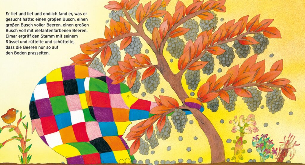 Elmar - Der Elefant rüttelt an einem Buch voller Beeren