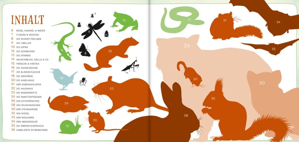 Ganz schön groß oder klitzeklein? - Inhaltsverzeichnis mit farbigen Tierumrissen und Seitenzahlen