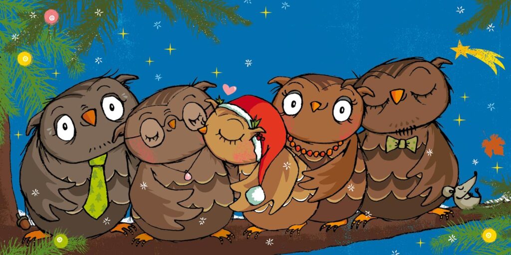 Die kleine Eule feiert Weihnachten! - Familie Eule zusammengerückt auf einem Ast