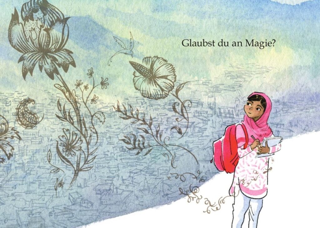 Malalas magischer Stift - Malala dargestellt und dazu die Worte 