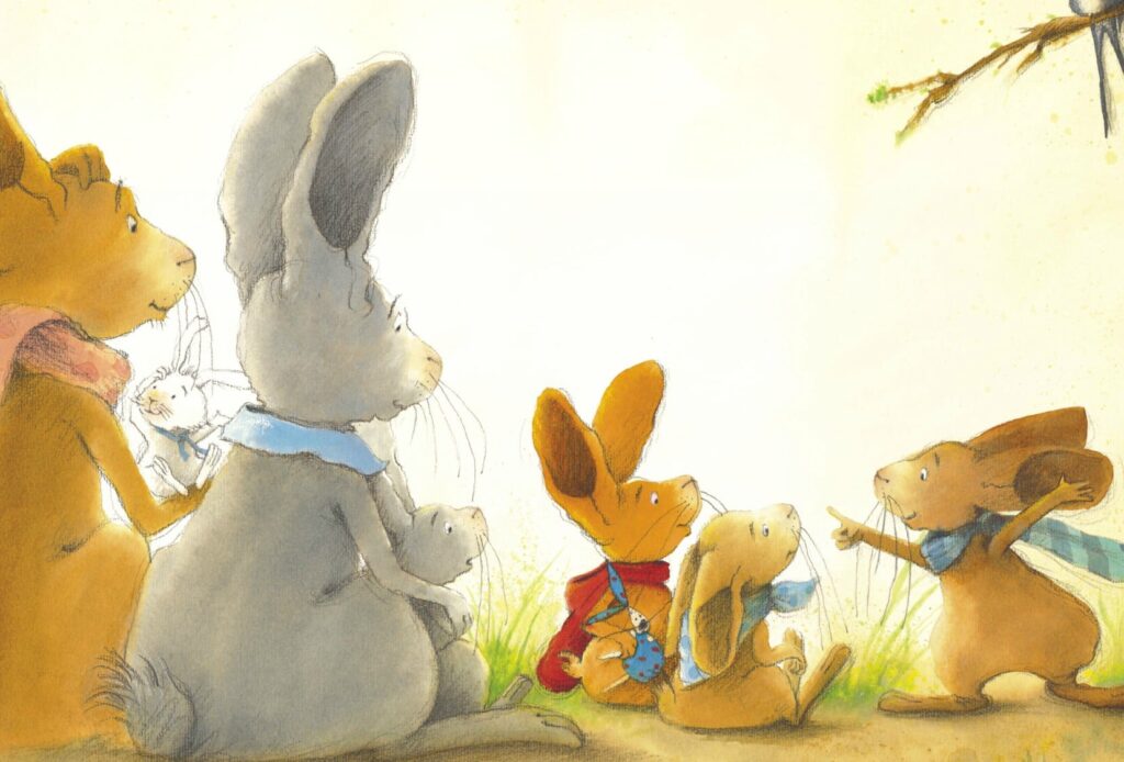 Frohe Ostern Pauli - Ein Kaninchen gestikuliert, die anderen achten auf es