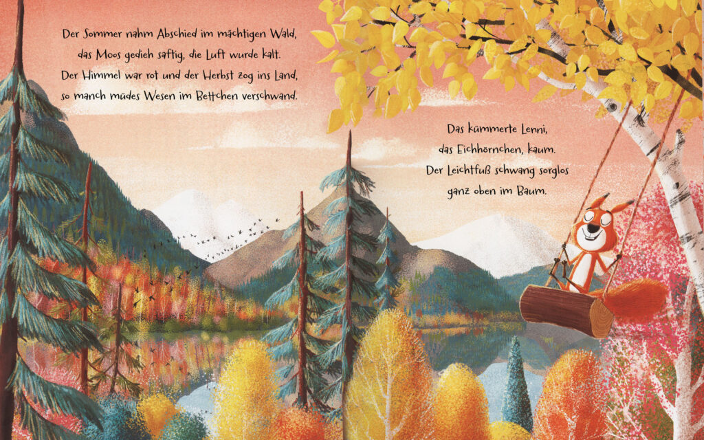 Die Streithörnchen: Herbstlicher Wald und Lenn Eichhörnchen schaukelt
