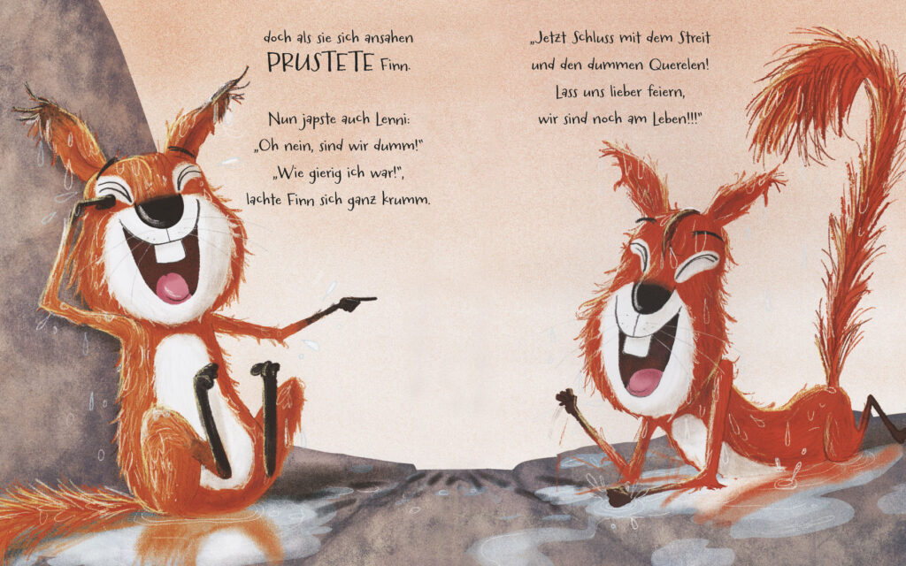 Die Streithörnchen: Eichhörnchen Lenni und Finn lachen miteinander