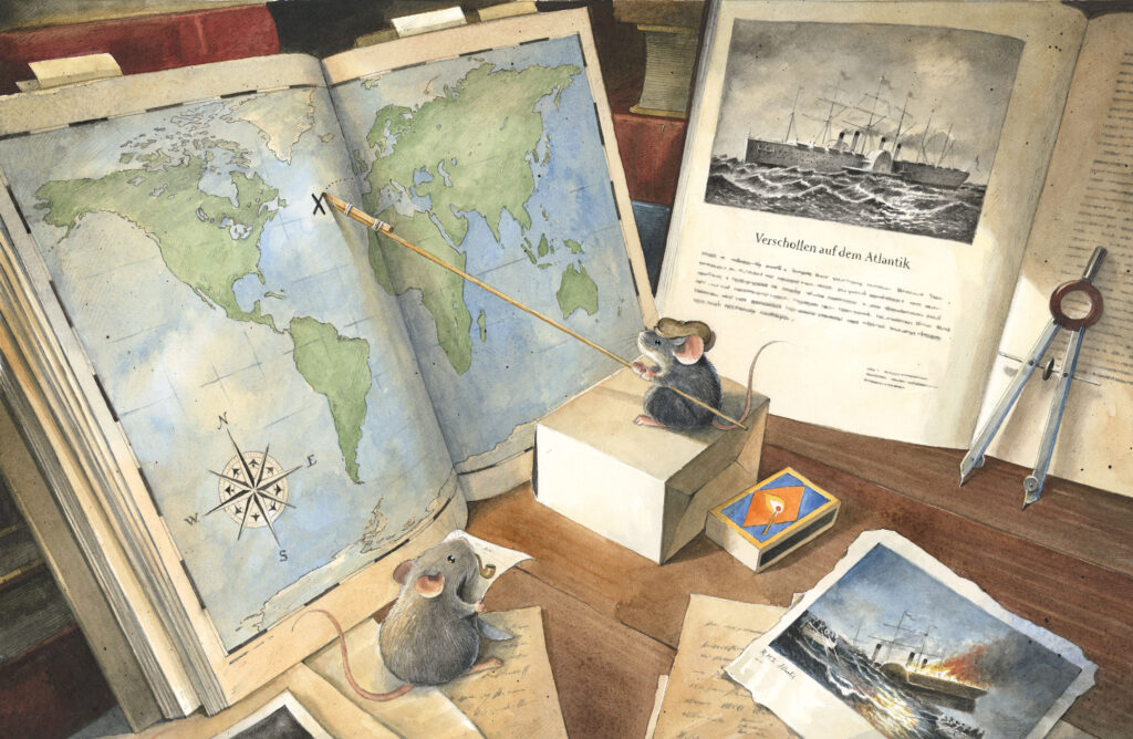 Edison: Zwei Mäuse sitzen vor einem offenen Buch mit einer Weltkarte