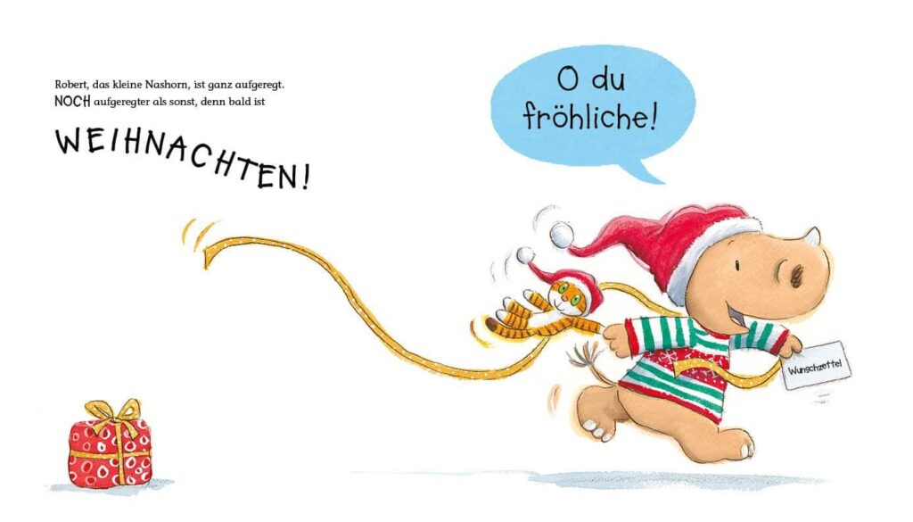 Robert will Weihnachten! -Das kleine Nashorn mit Weihnachtsmannmütze flitzt mit seinem Wunschzettel und Stofftier