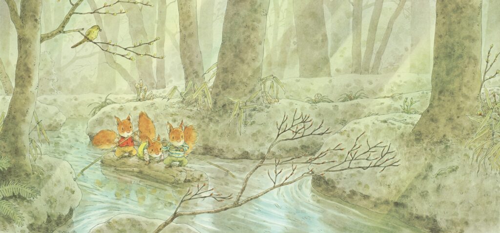 Wenn der Frühling kommt - Drei Eichhörnchen fahren auf einem Floss
