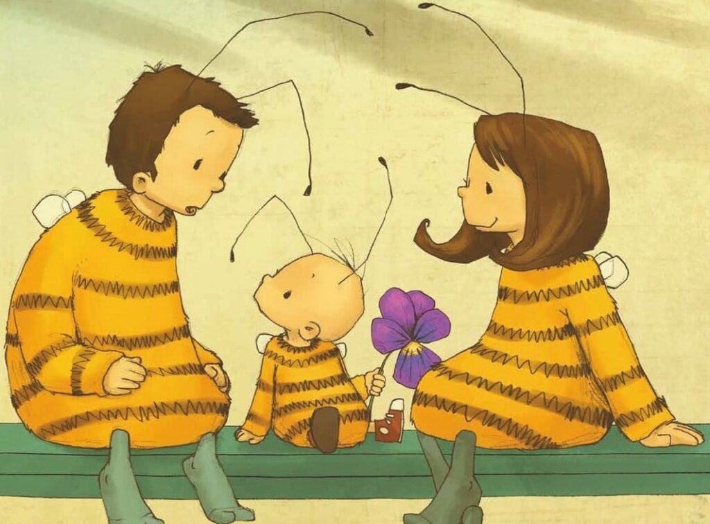 Die kleine Hummel Bommel und die Zeit - Hummelkind sitzt mit seinen Eltern zusammen