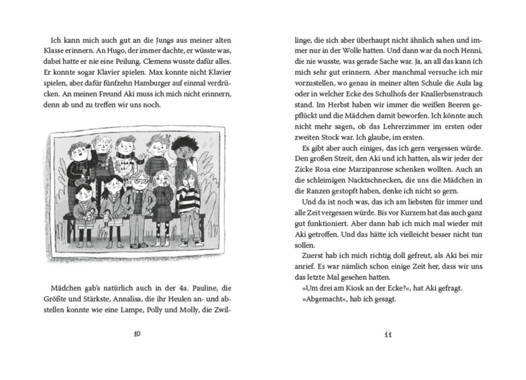 Klassenreise mit Miss Braitwhistle - Klassenfoto in schwarz-weiß im Textfluss