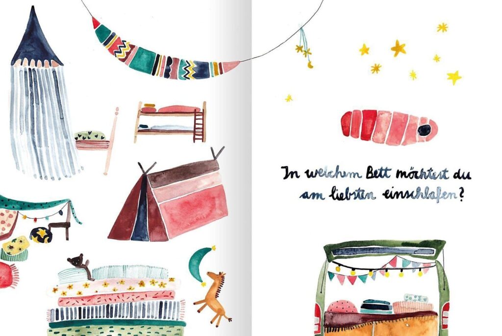 Die Welt, die Dir gefällt: Verschiedene Schlafmöglichkeiten mit Aquarellfarben gezeichnet