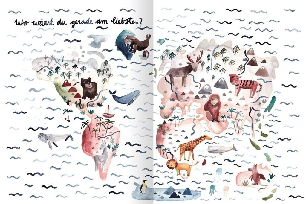 Die Welt, die Dir gefällt: Mit Aquarellfarbe gemalte Weltkarte mit Tieren