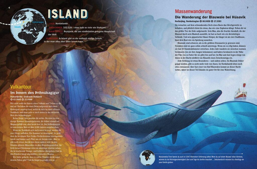 Atlas Obscura Kids Edition - Island Vulkantour und Blauwale textlich vor- und bildlich dargestellt