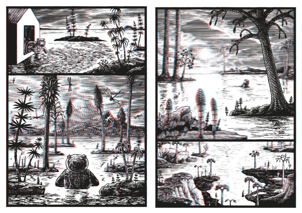 Jim Curious – Streifzug durch den Dschungel: Comicpanele mit Jim im Taucheranzug draußen beim Wasser mit 3D-Effektlinien
