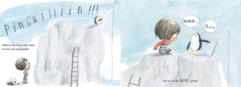 Langweilst du dich, Minimia?: Das Mädchen mit Punguin beim Eisberg