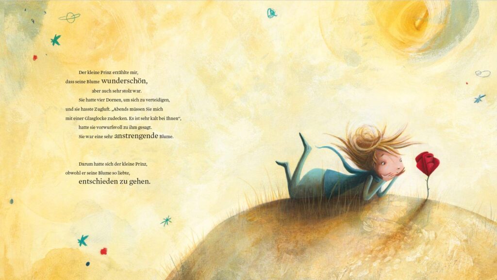 Der kleine Prinz und seine Rose abgebildet und Text dazu