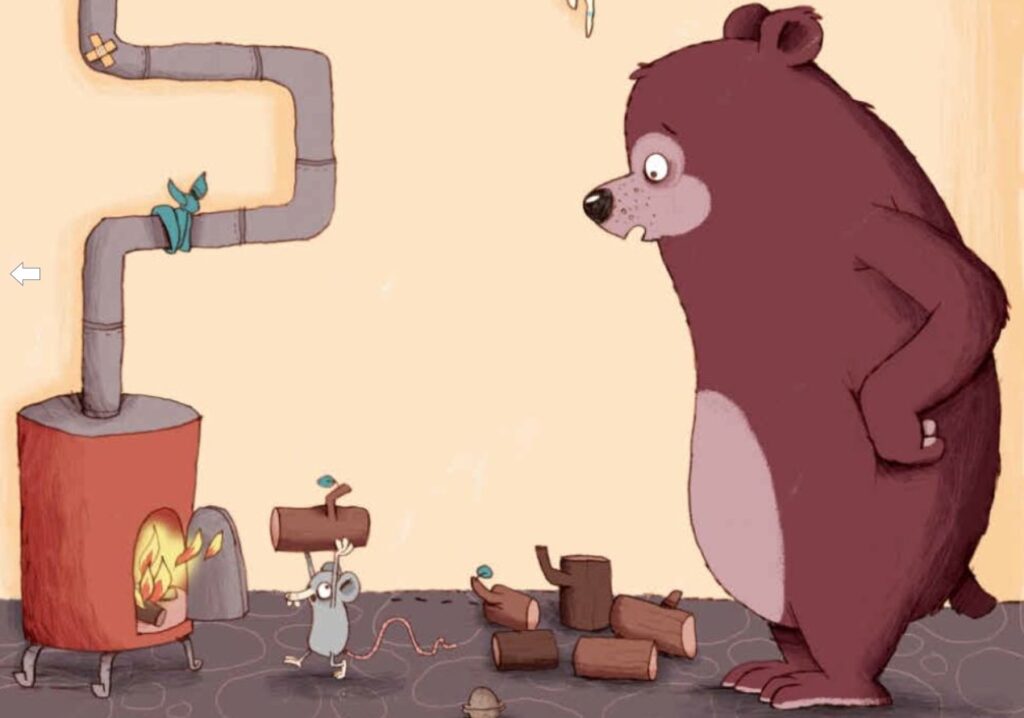 In der Weihnachtshöhle ist noch Platz: Maus legt Holz für den Ofen nach und der Bär guckt