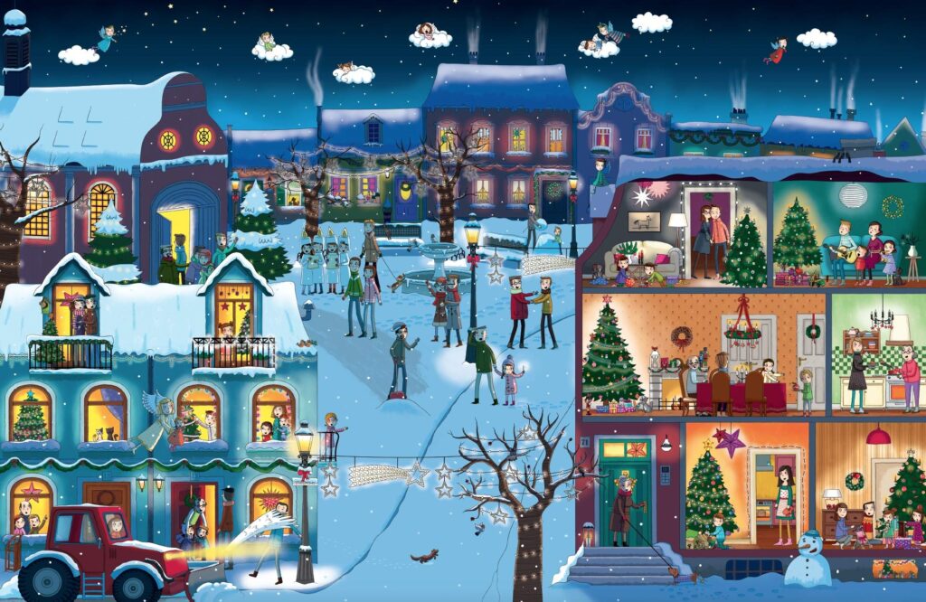 Weihnachten Wimmelbuch - Städtische Wimmelszene an Heiligabend
