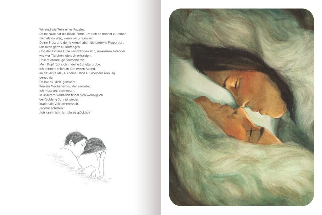 Liebe: Zwei Köpfe Nase an Nase und Text auf der anderen Buchseite