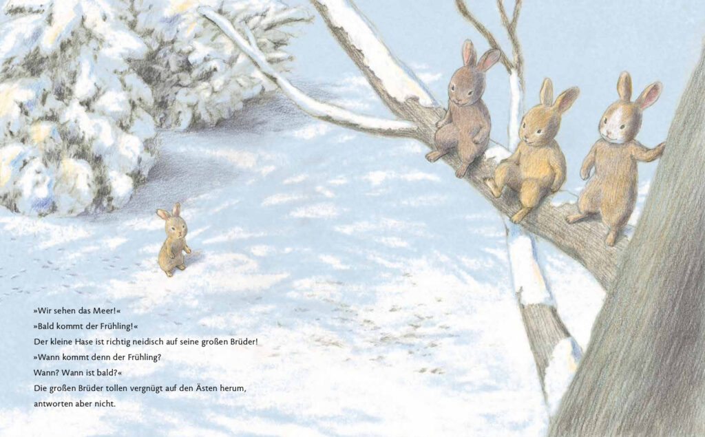 Bist du der Frühling? - Das kleine Hasenkind auf dem schneebedeckten Boden und seine Brüder auf einem Ast sitzend