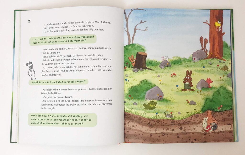 Mein dickes Osterbuch: Innenansicht mit Text und Hasen beim Versteck spielen