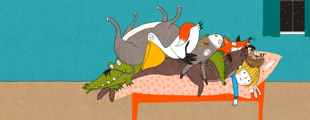 So müde und hellwach: Igel, Fuchs, Esel, Krokodil, Robbe und Pelikan beim Kind im Bett