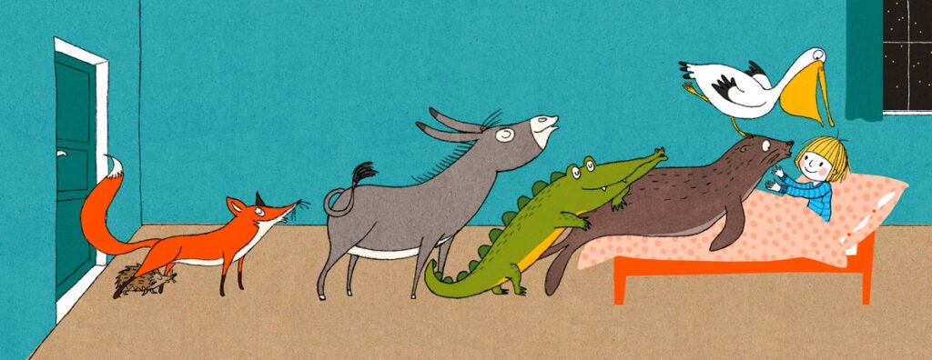 So müde und hellwach: Kind im Bett und Igel, Fuchs, Esel, Krokodil, Robbe und Pelikan kommen an