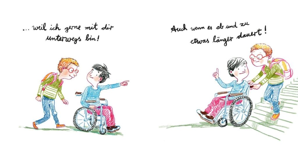 Du bist mein Freund, weil ... Zwei Jungen; einer sitzt im Rollstuhl und einer läuft