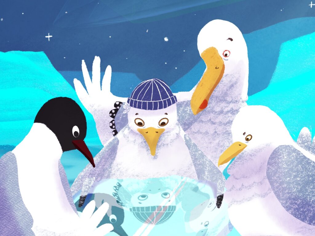 Mats Möwe auf großer Klimamission: Möwen und ein Pinguin spiegeln sich im Eis