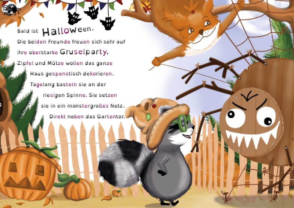 Zipfel und Mütze im Geisterwald: Eichhörnchen Zipfel und Waschbär Mütze dekorieren den Garten für Halloween