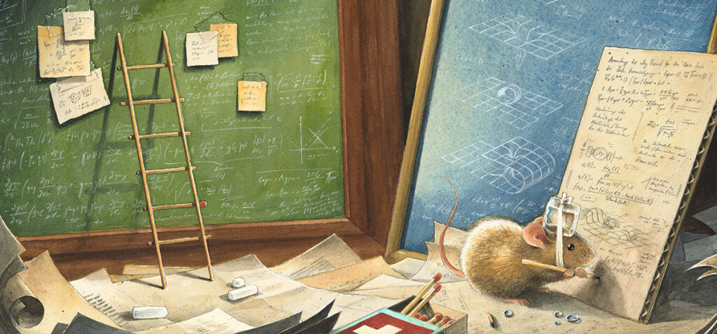 Einstein: Die Maus mit Eiswürfel auf dem Kopf gebunden beim schriftlichen Rechnen