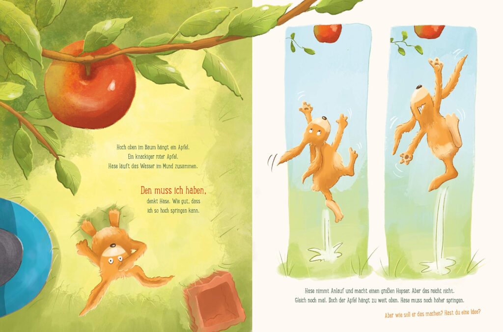 Meiner!: Hase springt, um einen Apfel am Ast zu erreichen