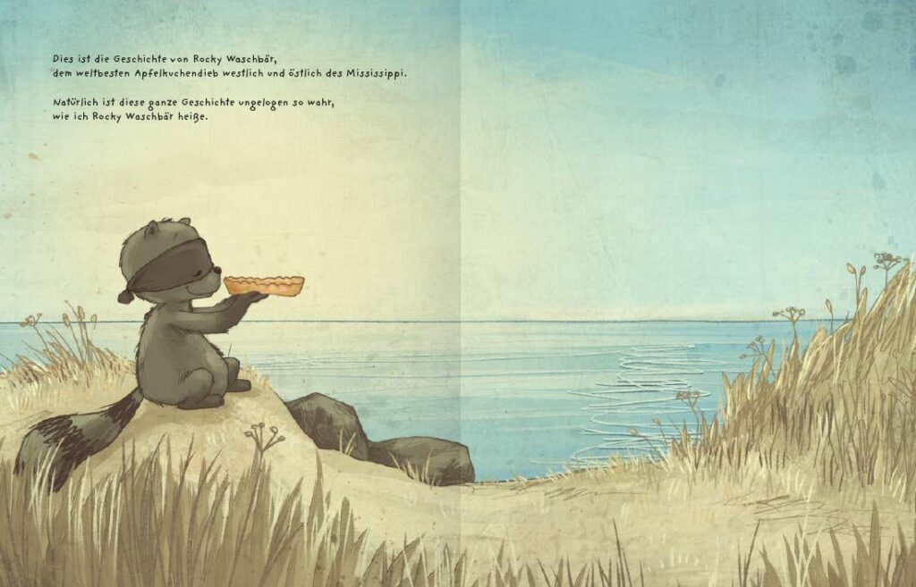 Rocky Waschbär – Der Apfelkuchendieb: waschbär mit Kuchen am Strand