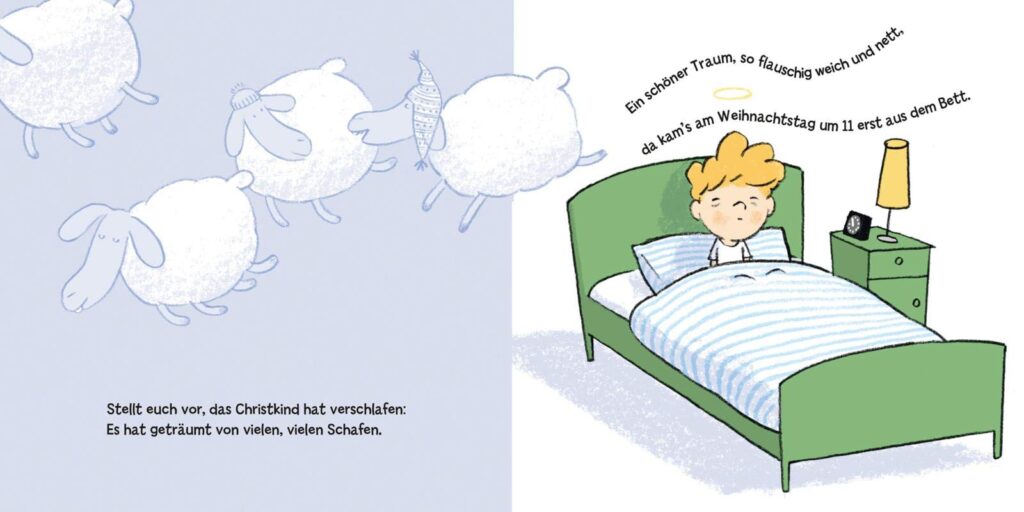 Wie das Christkind fast Weihnachten verschlafen hat: Christkind im Bett und wegspringende Schäfchen