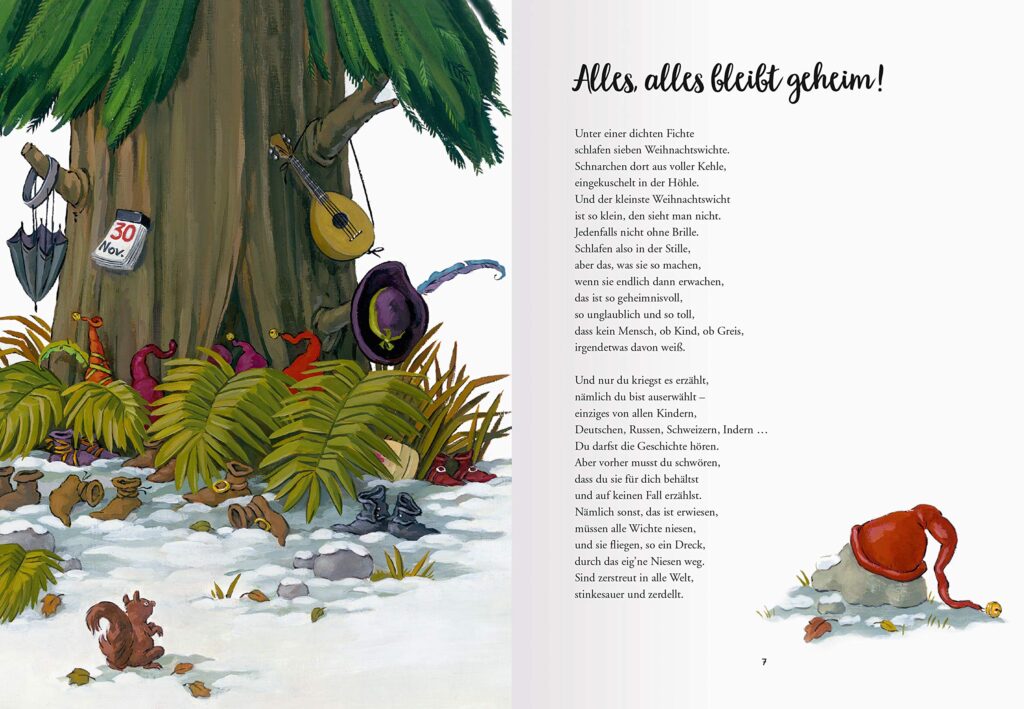 Winkel, Wankel, Weihnachtswichtel: Alles, alles bleibt geheim!-Gedicht und unter einer Fichte stehen Wichtelschuhe