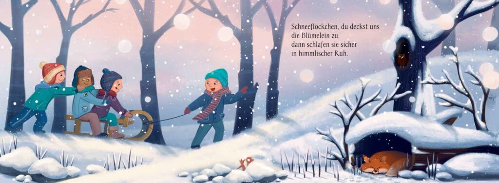 Schneeflöckchen, Weißröckchen: Vier Kinder mit einem Schlitten