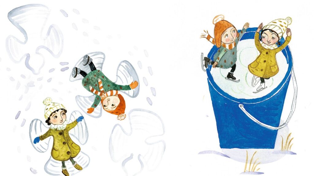 So ist der Winter: Zwei Kinder machen Schneeengel und fahren Schlittschuh