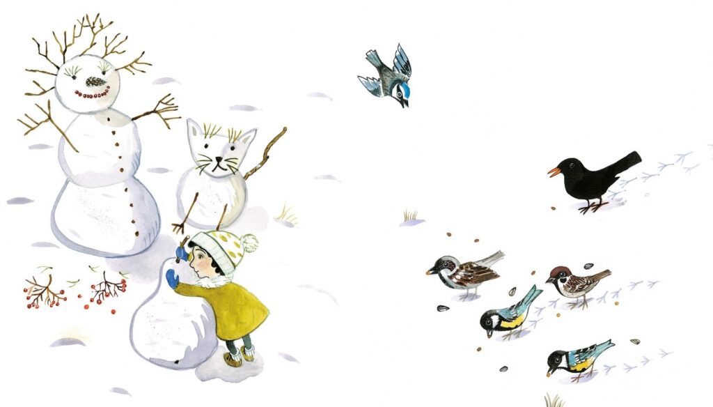 So ist der Winter: Kind baut Schneemann und Vögel picken Körner im Schnee