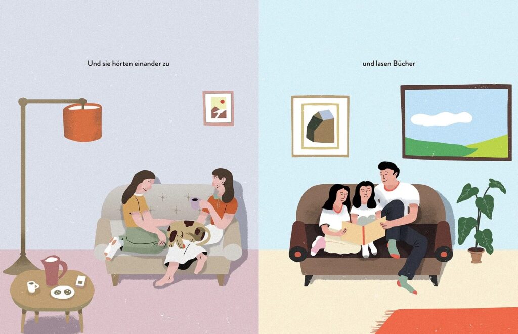 Und die Menschen blieben zu Hause: Gespräch auf einem Sofa mit Zweien und drei Menschen lesen auf einem Sofa ein Buch