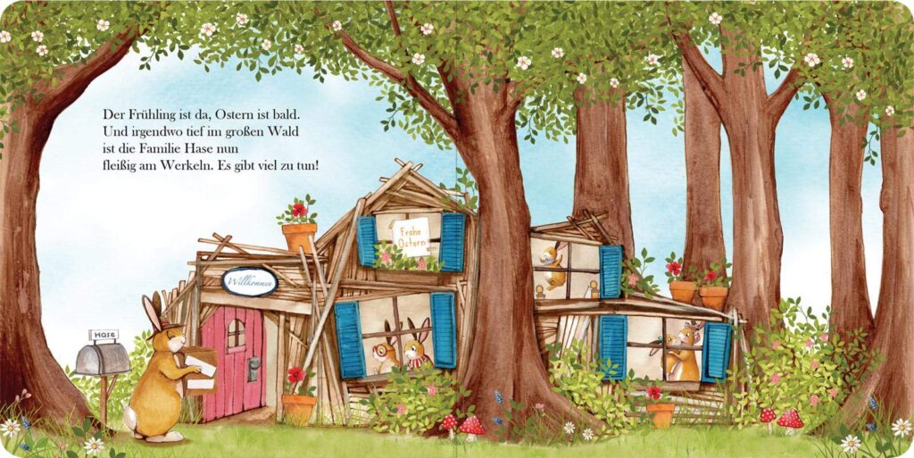Ostern mit Familie Hase: Bretterhaus der Hasenfamilie im Wald