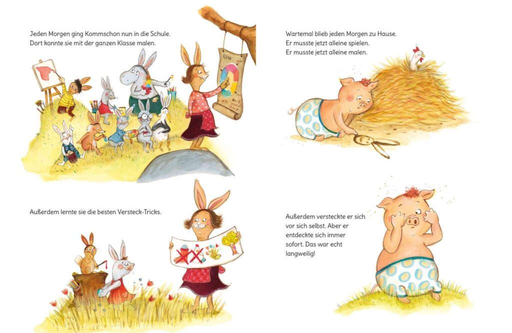 Wartemal wird Osterschwein: Ferkel Wartemal ist trauig und langweilt sich und Hasenmädchen Kommschon lernt in der Schule