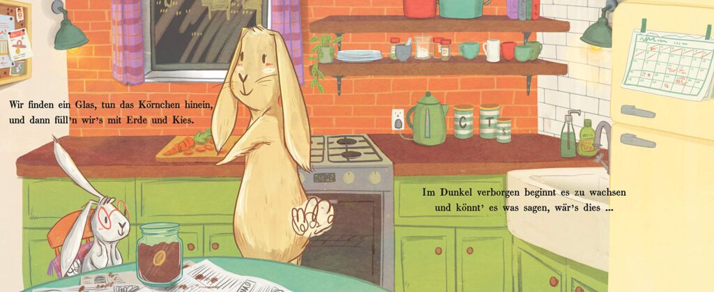 So groß wie ein richtiger Baum: Der kleine Hase beobachtet ein Samenkorn im Glas mit Erde