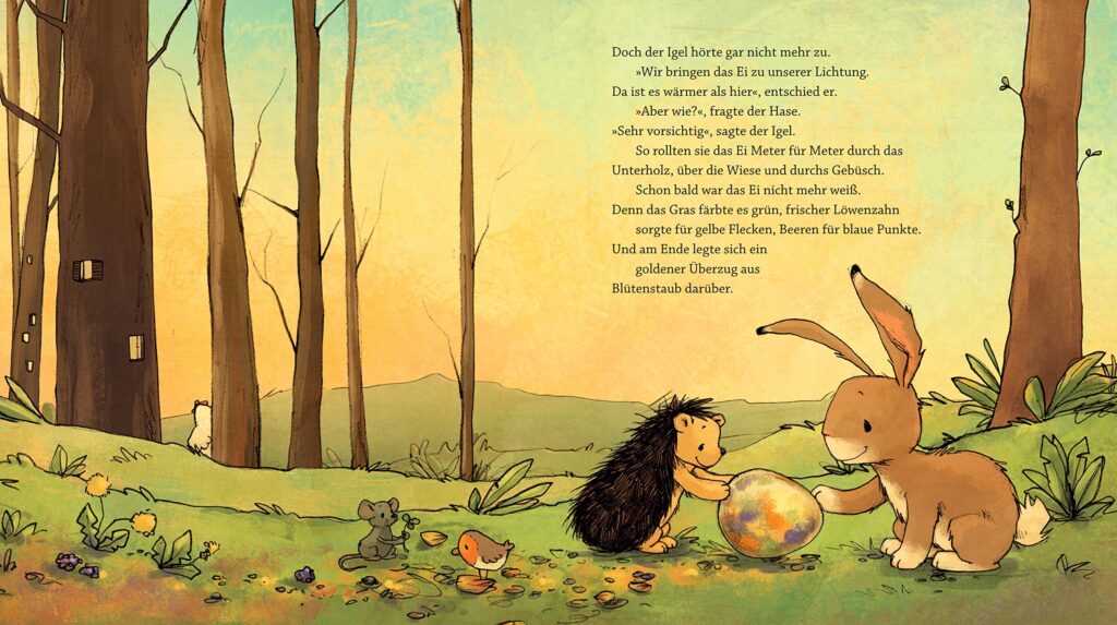 Wir zwei und das Ei: Hase und Igel mit buntem Ei