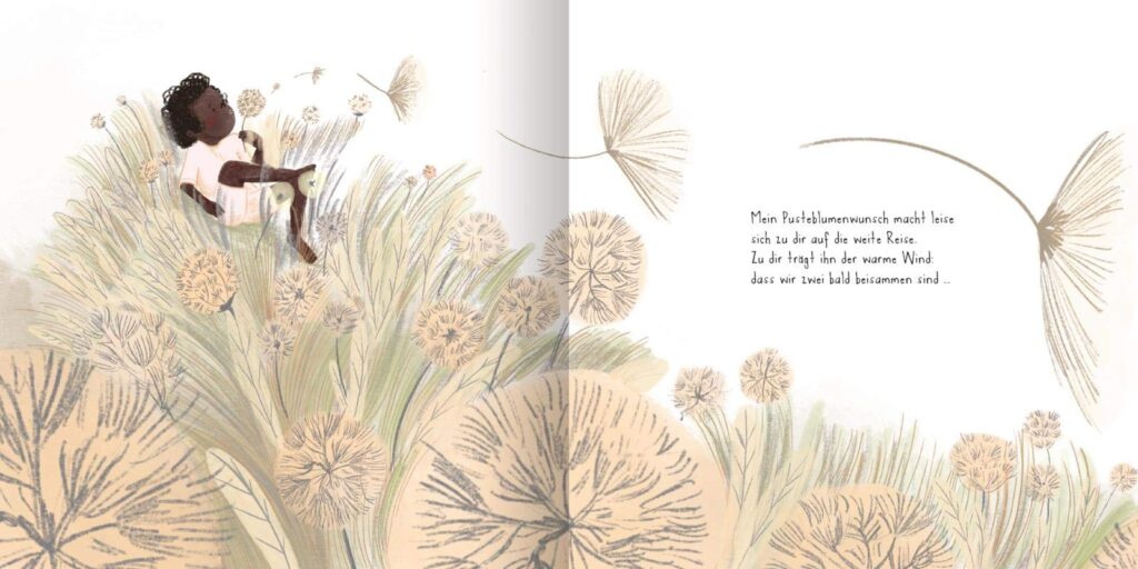 Ob nah, ob fern, ich hab dich gern!: Mehrere Pusteblumen und ein Kind, dass pustet