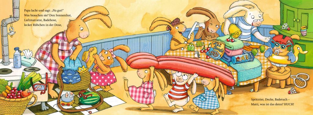 Wenn sieben kleine Badehasen quietschfidel ans Wasser rasen - Familie Hase packt