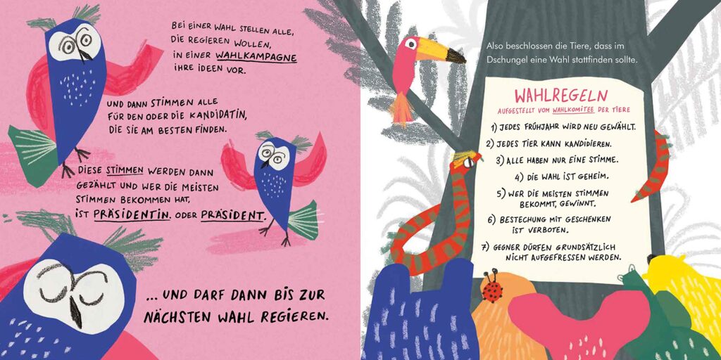 Im Dschungel wird gewählt: Wahlregeln von Eule erklärt und am Baum aufgehängt