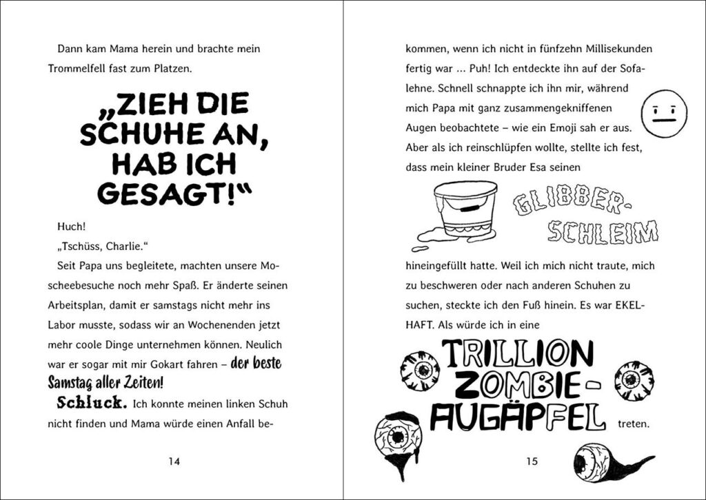 Planet Omar: Glibberschleim und Augäpfel in schwarz-weiß abgebildet zwischen dem Text
