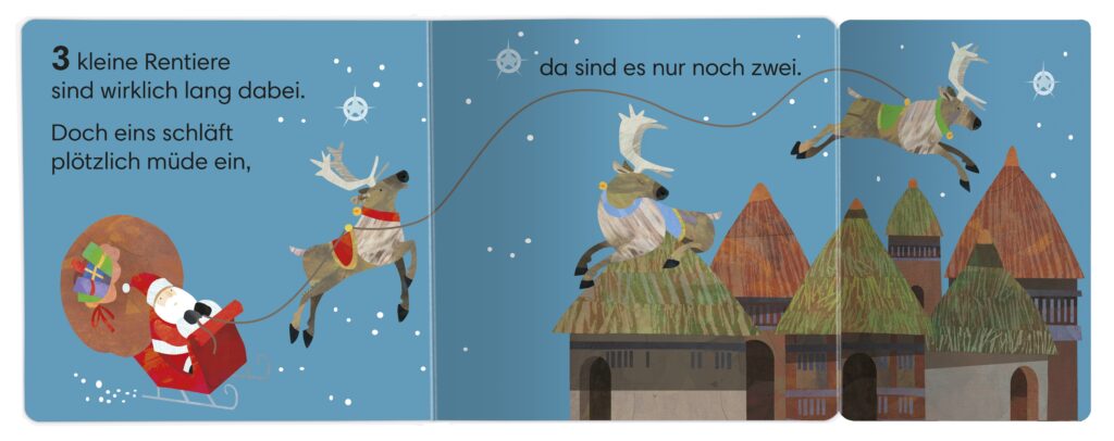 10 kleine Rentiere: Pappbilderbuch 3 Rentiere und der Weihnachtsmann im Schlitten