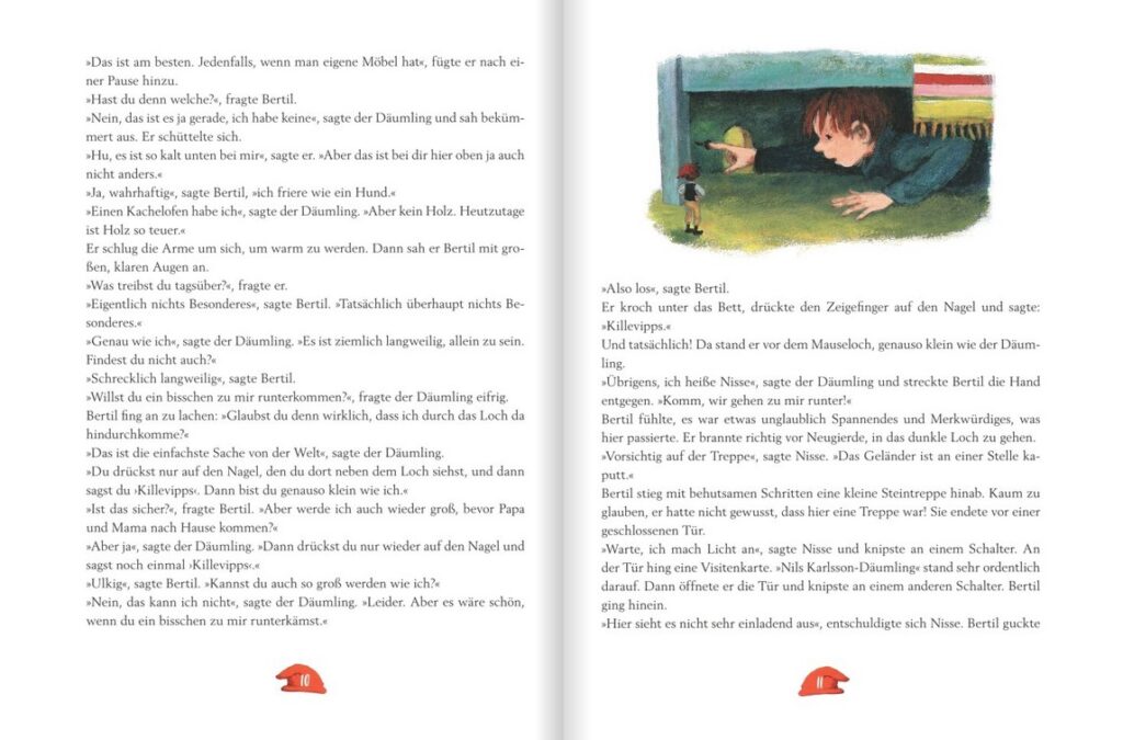 Astrid Lindgren Märchen - Nils Karlsson-Däumling mit Bertil unterm Bett umgeben von Text