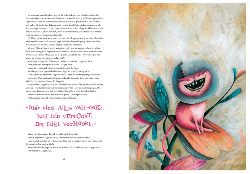 Alice im Wunderland: Grinsekatze neben Text