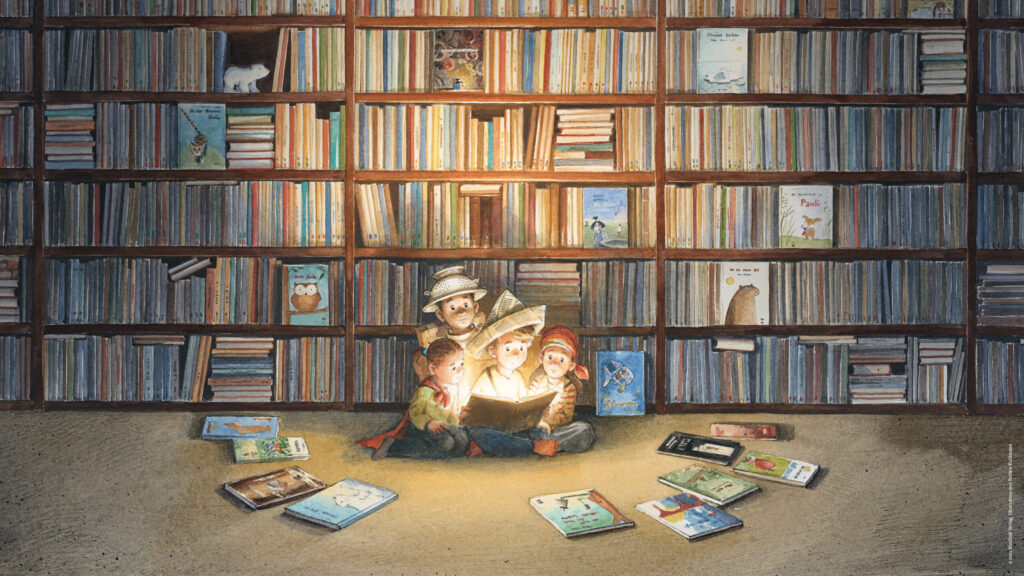 BilderBuchBande: Lesende Kinder vor einem großen Bücherregal