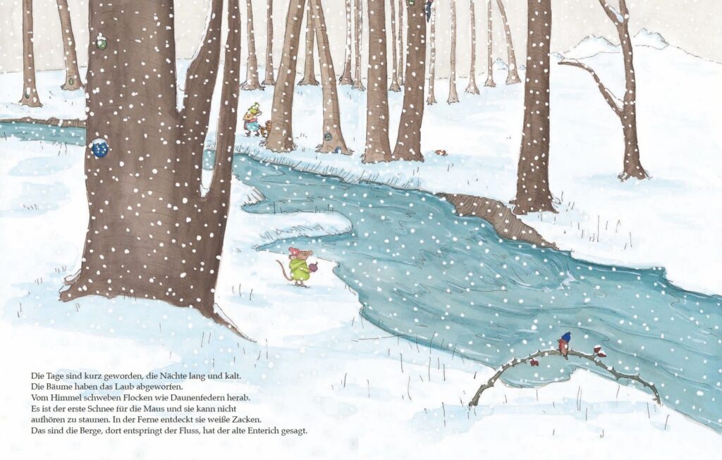 Maus und Eichhorn auf großer Winterreise: Schnee im Wald am Fluss